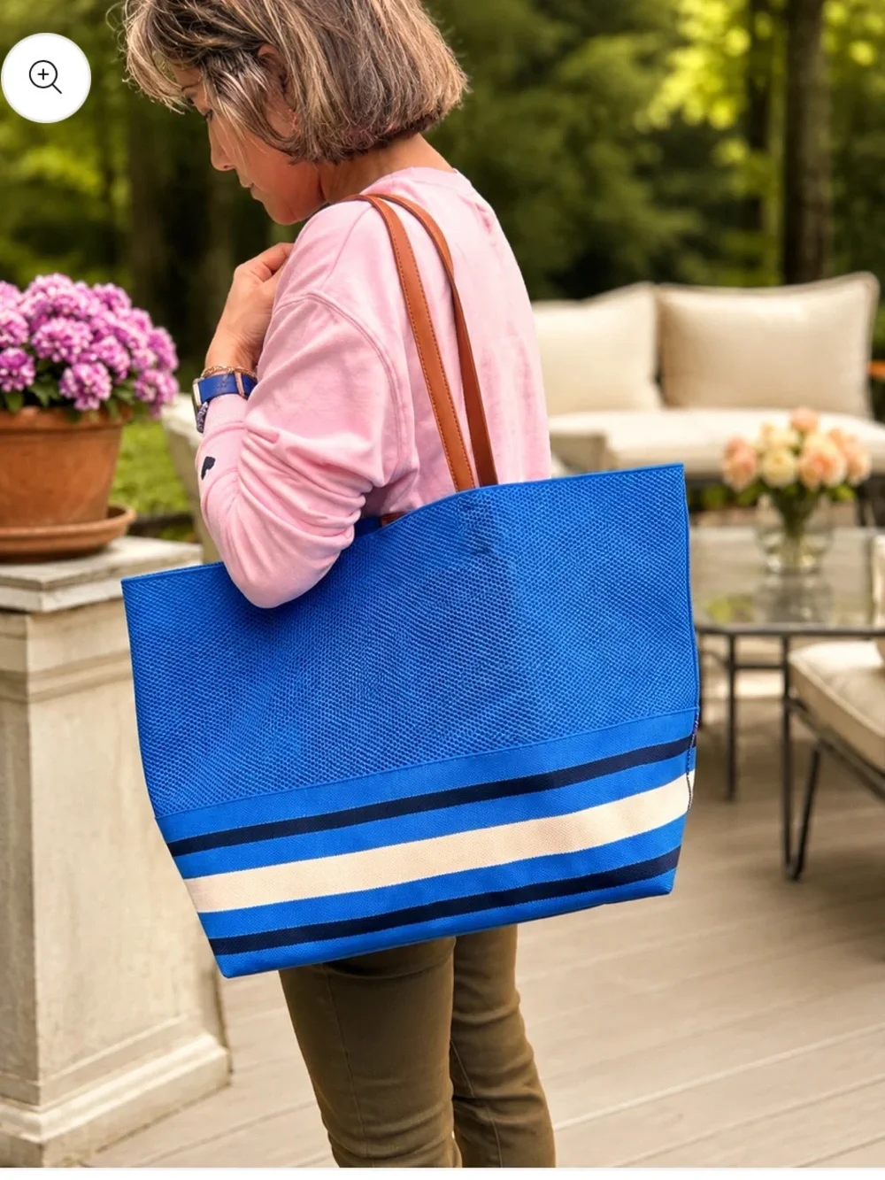 Blue Knit Striped Oversized Tote with Brown Handles